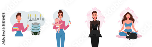 Childfree concept, Woman tired of housework and baby care. A beautiful and well-groomed woman in harmony with herself. Vector flat illustration.
