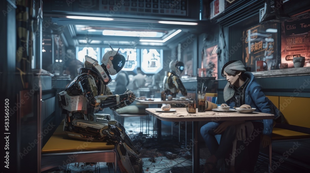 Futuristic robot in a coffee shop at night, Generative AI Futuristic robot in a coffee shop at night, Generative AI