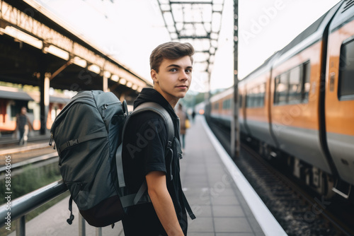 Young man with a backpack on a platform of a railway waiting for his train. Created with Generative AI, no one recognisable. Not a real person.