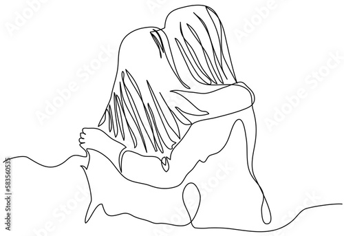 Two girls hugging in one line on a white background. Stock vector illustration of close girlfriends. The concept of care and affection.