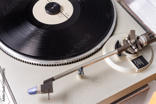 closeup view on vintage vinyl record player with stylus