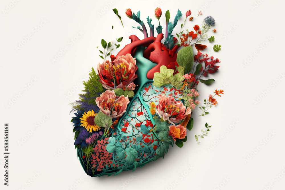 Human heart formed by beautiful colorful flowers on light background. Generative AI.