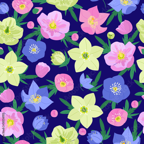 Hellebores floral seamless pattern vector. Colorful winter rose flowers green leaves foliage on dark navy blue background. Botanical vector illustration