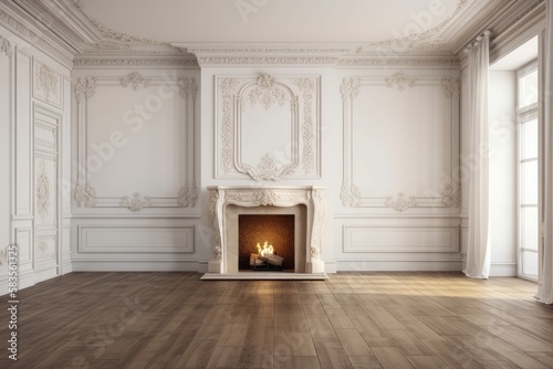 Classic white interior that is vacant and has a fireplace, a curtain, windows, wall panels, and wide illustrations or mockups. Generative AI