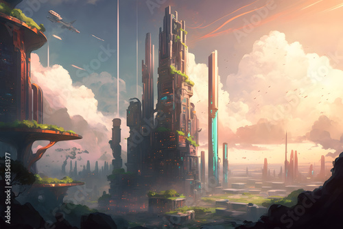 Futuristic sky city. Generative AI