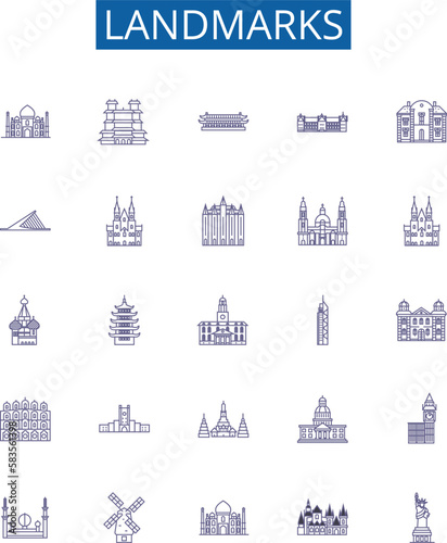 Landmarks line icons signs set. Design collection of Monuments, Statues, Structures, Buildings, Palaces, Ruins, Temples, Architecture outline concept vector illustrations