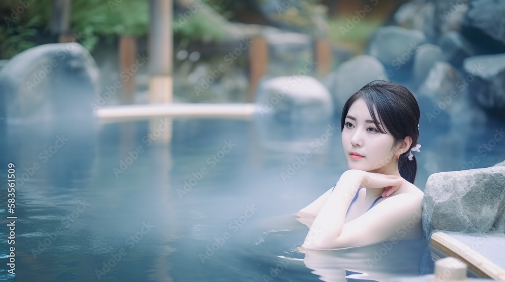 Asian Young woman relaxing in hot spring. Generative AI.