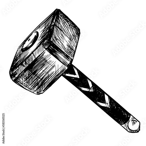 Hammer of Thor in sketch style on a white background. Vector magical graphic item.