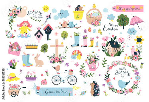Welcome spring elements collection - lettering with cute birds, bees, flowers, butterflies. Easter cross, eggs and basket. Hand drawn flat cartoon elements. Vector illustration
