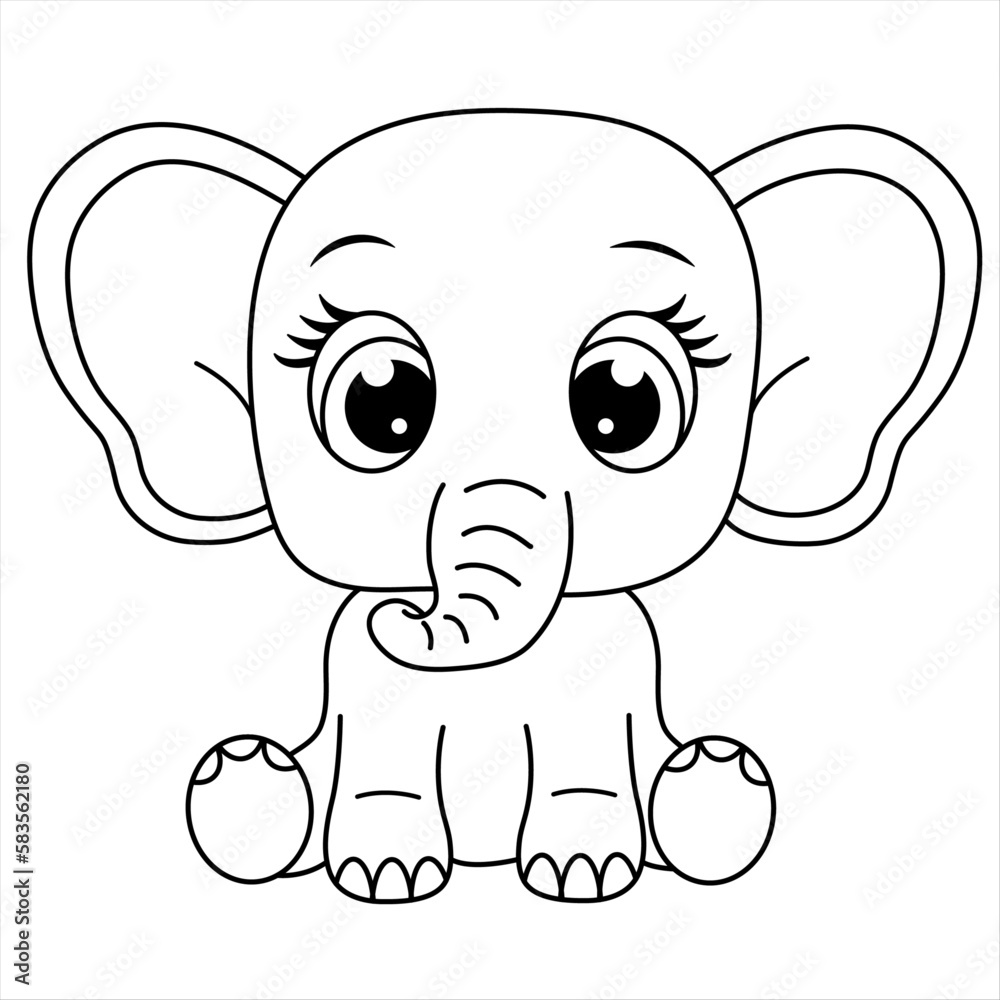 Obraz premium Cute Elephant Coloring Page. Cartoon Baby Elephant Illustration For Children. Safari Animal Coloring Book. Black And White Line Art.