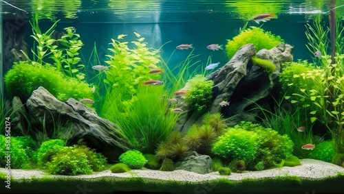 Foto Aquarium, aquascaping, plants and fishes, AI generative