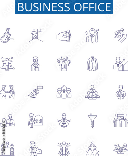 Business office line icons signs set. Design collection of Office, Business, Commercial, Desk, Furniture, Equipment, Files, Chairs outline concept vector illustrations
