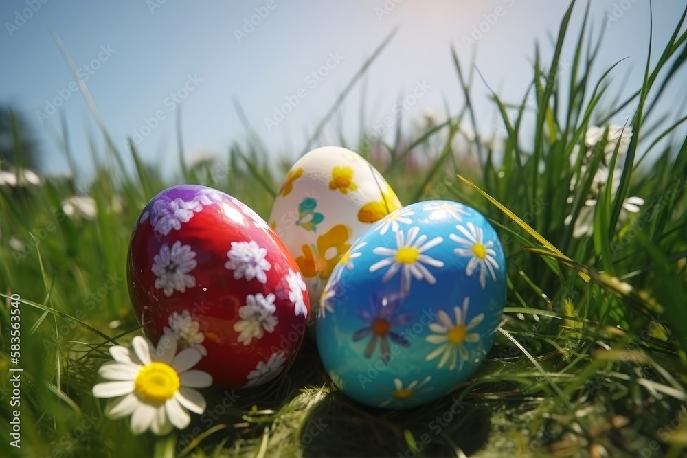 Flower pattern decorated easter eggs in the grass. Generative AI