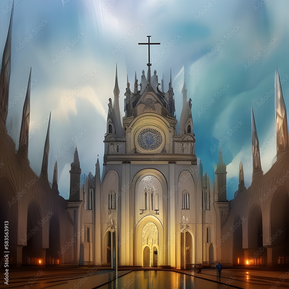 White Marble Church with Steeples and Cross - Created with Generative AI.