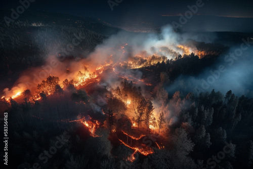 Aerial view of large scale wildfire at night. Generative AI