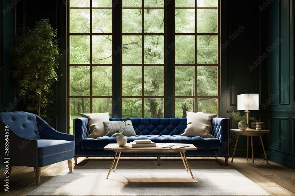 A cozy living room with a plush velvet sofa in rich navy blue, set