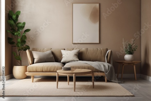 a wall mockup of a living area with a brown sofa and a decorative plant. Generative AI © 2rogan