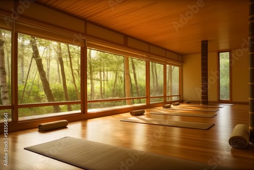 A serene and calming yoga room with bamboo floors, natural wood paneling, and a large window overlooking a peaceful garden Generative AI