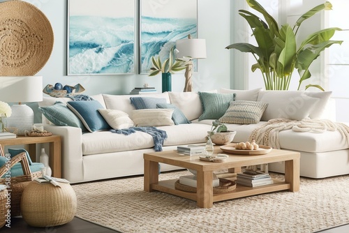 A coastal-inspired living room with a woven rattan sectional, natural wood accents, and ocean-inspired artwork and accessories. Generative AI photo