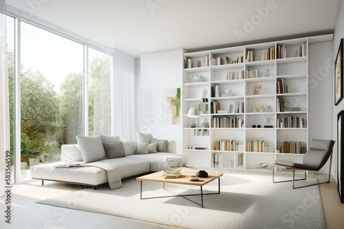 A minimalist living room with a low-profile white sectional  floating shelves displaying curated books and objects  and floor-to-ceiling windows that bathe the space in natural lig Generative AI
