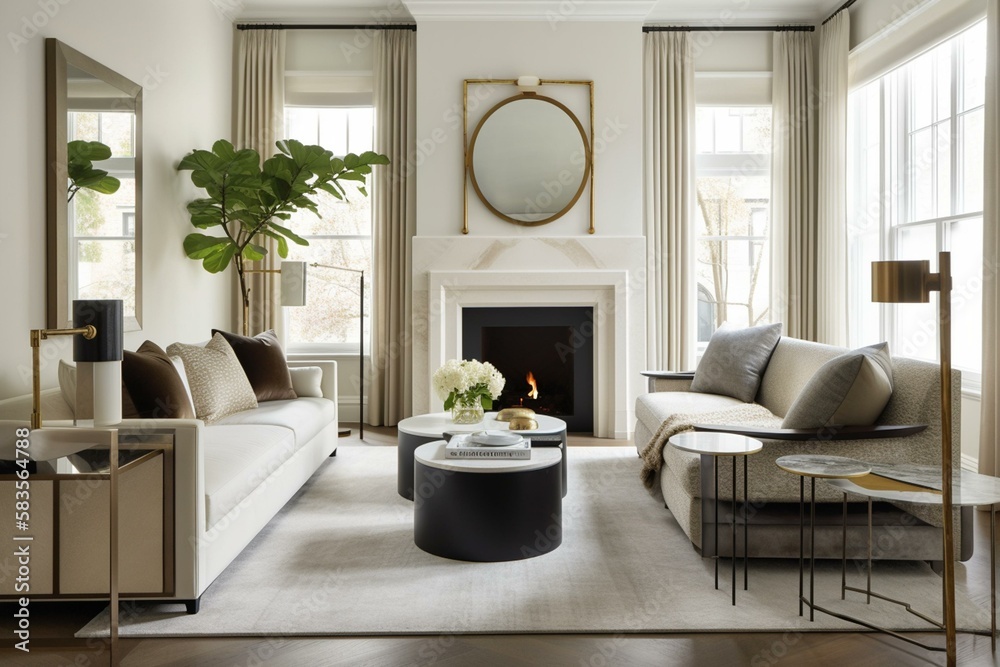 Fototapeta premium A transitional living room with a neutral-toned sectional, elegant marble fireplace, and a mix of modern and traditional accents. Generative AI
