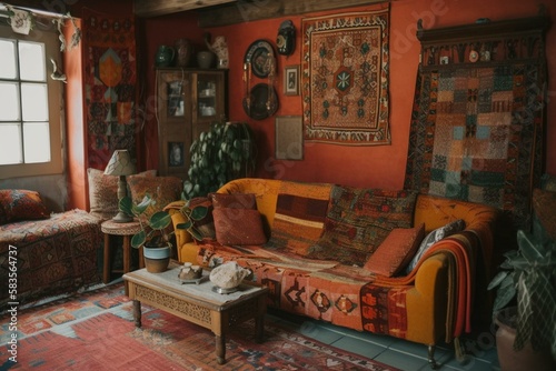 A bohemian living room with a colorful patchwork sofa, eclectic mix of vintage and handmade decor, and walls painted in a warm terra-cotta hue. Generative AI