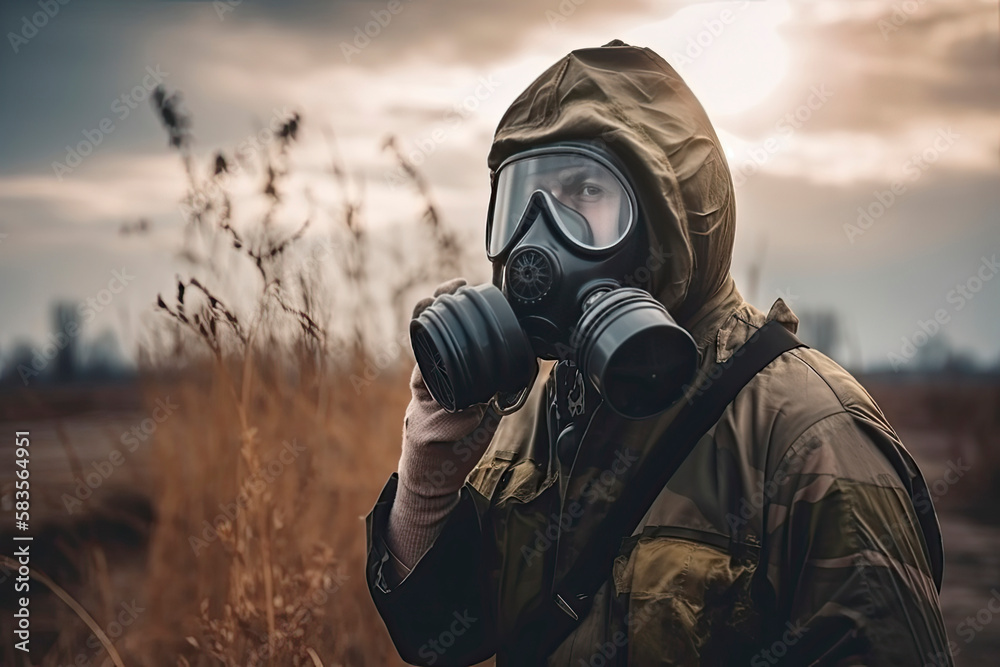 Man with a gas mask, nuclear war and environmental disaster, radioactivity catastrophe, military equipment Man with a gas mask, nuclear war and environmental disaster, radioactivity catastrophe, military equipment