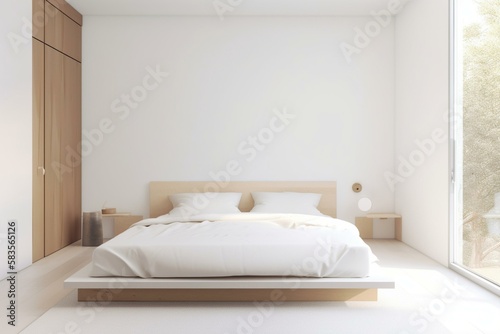 A serene and minimalist bedroom with a platform bed, white bedding, and a simple wooden headboard, featuring a neutral color palette and plenty of natural light. Generative AI © Denis Yevtekhov