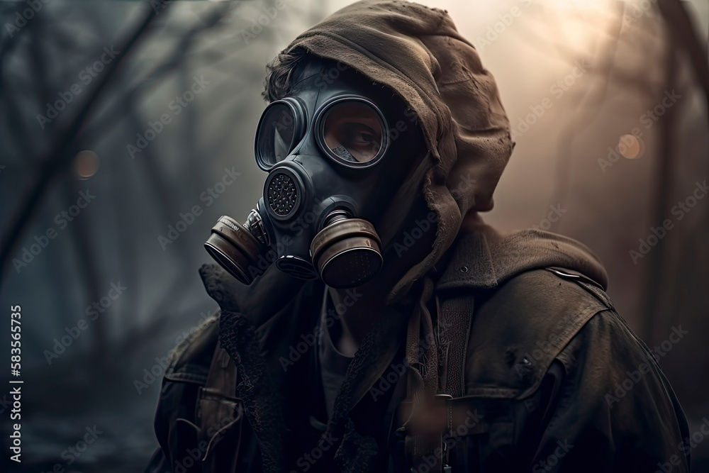 Post apocalyptic survivor in gas mask. Environmental disaster, armageddon concept Post apocalyptic survivor in gas mask. Environmental disaster, armageddon concept