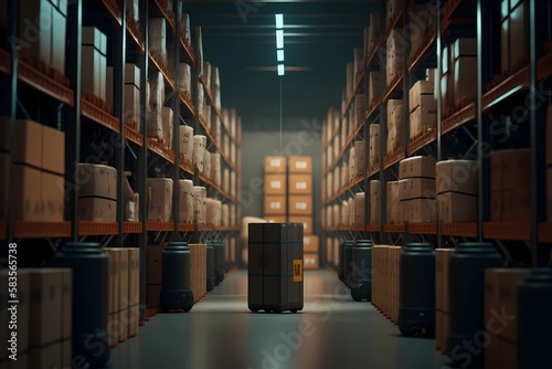 Automated modern retail warehouse. Robotics transporting boxes of product packages in distribution logistics center. Autonomous robot with artificial intelligence. smart retail concept. Generative AI © Synesthesia AI Stock