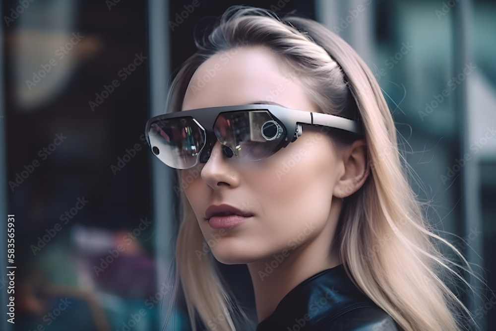Woman with futuristic smart glasses. Generative AI. Woman with futuristic smart glasses. Generative AI.