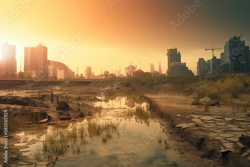 Post-apocalyptic landscape. City after the effects of global warming. Climate changes concept