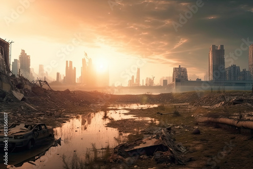 Post-apocalyptic landscape. City after the effects of global warming. Climate changes concept © surassawadee