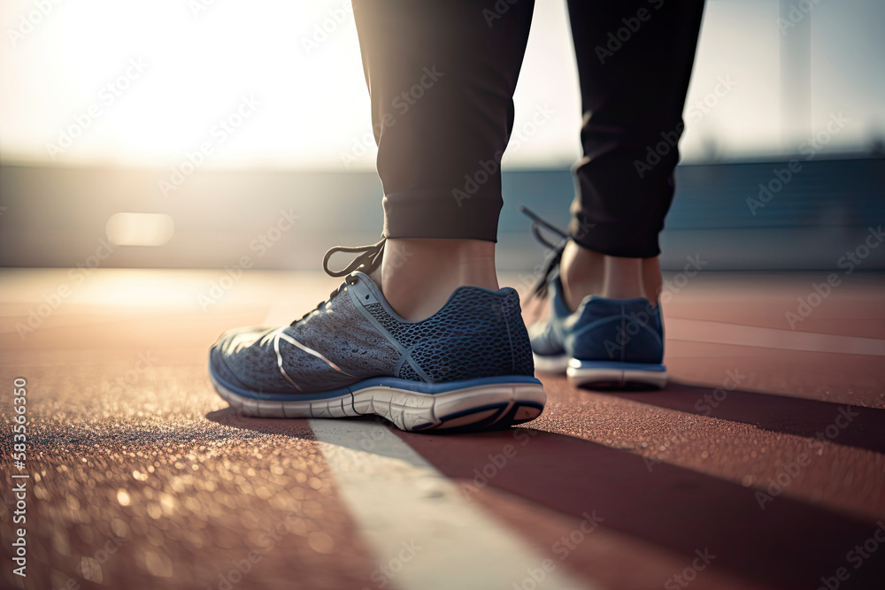 runner on a track with a close up of the shoes.Healthy exercise, healthy
