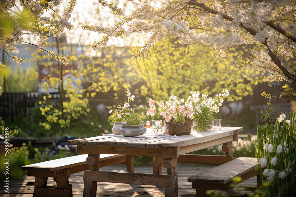Spring Table With Trees In Blooming And Defocused Sunny Garden In Background Spring Table With Trees In Blooming And Defocused Sunny Garden In Background