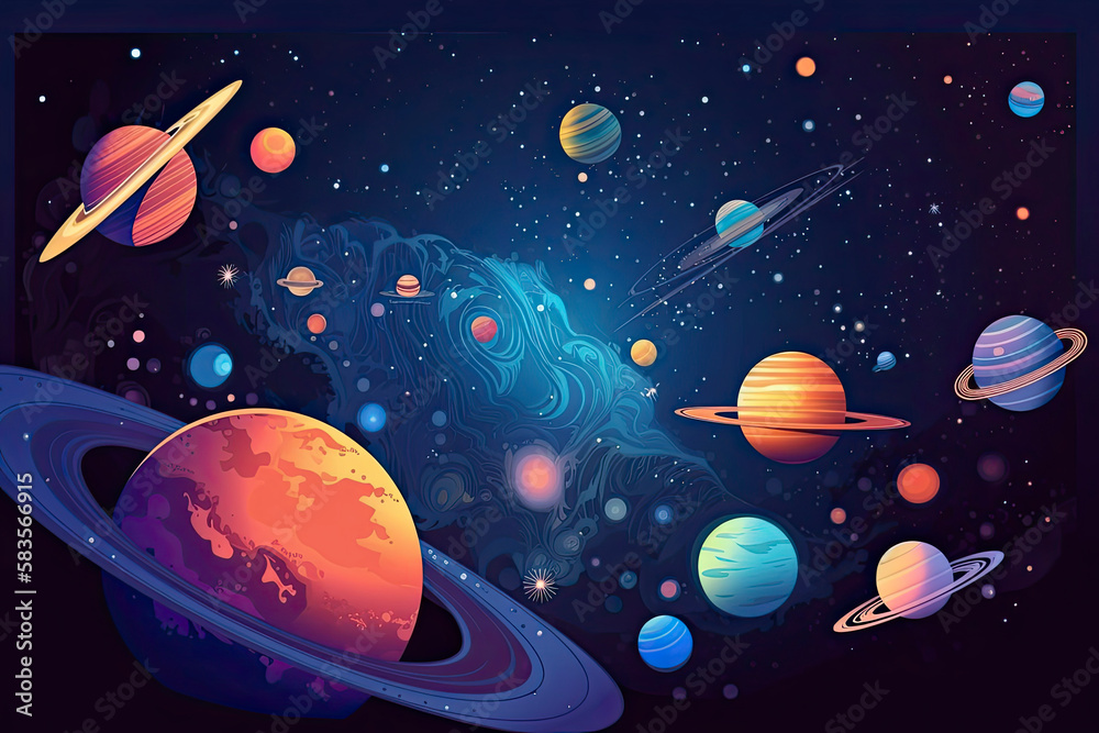 Fototapeta premium a colorful space scene with planets, astroids, stars, nebulas and comets. Concept and background related to space, space exploration and observation and astronomy