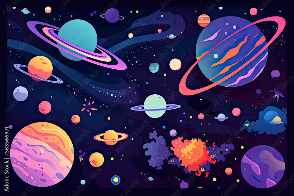 Fototapeta premium a colorful space scene with planets, astroids, stars, nebulas and comets. Concept and background related to space, space exploration and observation and astronomy