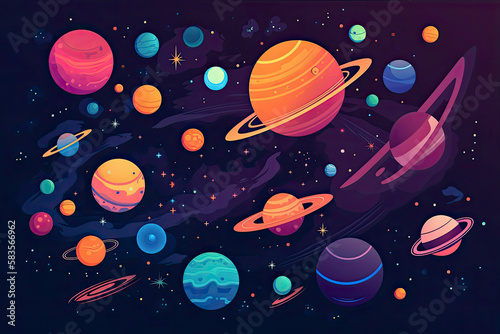 a colorful space scene with planets  astroids  stars  nebulas and comets. Concept and background related to space  space exploration and observation and astronomy