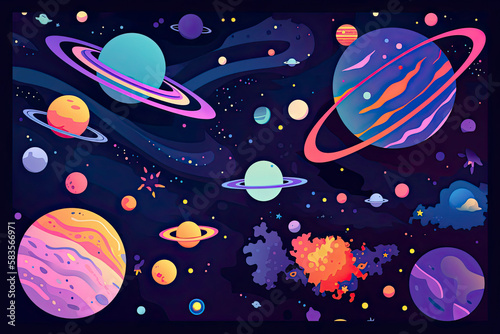 a colorful space scene with planets  astroids  stars  nebulas and comets. Concept and background related to space  space exploration and observation and astronomy