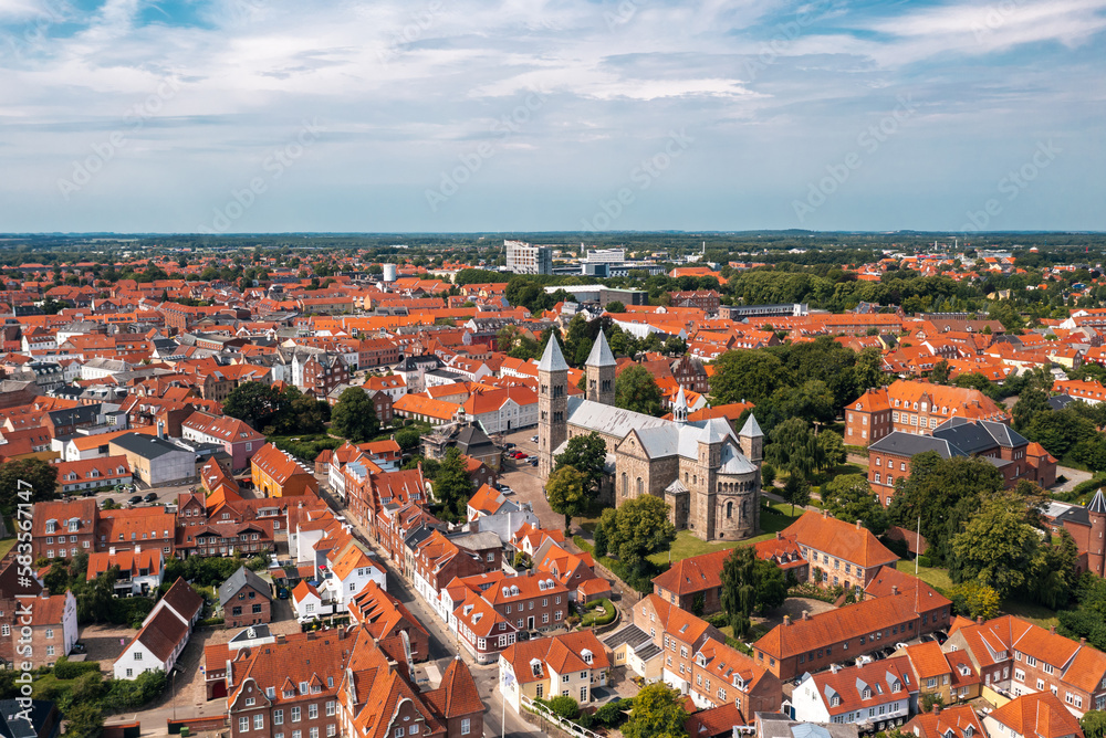 Summer cityscape of Viborg, Midtjylland, Denmark. Aerial skyline view of the old town and church