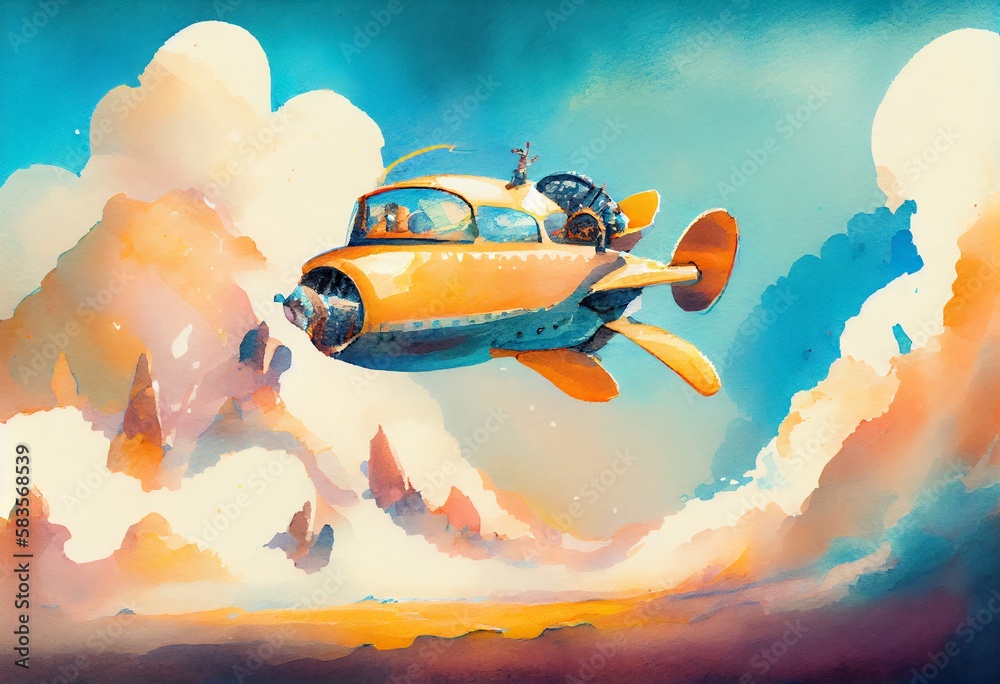 Watercolor Illustration of a A Model Of A Flying Car In The Air Above The Clouds. Generative AI Watercolor Illustration of a A Model Of A Flying Car In The Air Above The Clouds. Generative AI