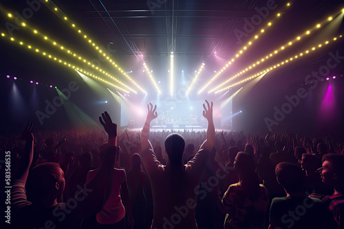 Future of crowded concert hall on stage with scene stage lights, rock show performance
