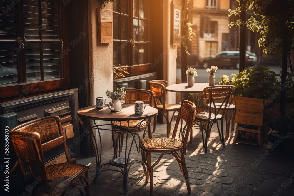 Small street cafe in an old European village - Generative AI