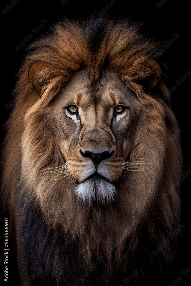 Front view portrait of a lion on black background, Africa wildlife