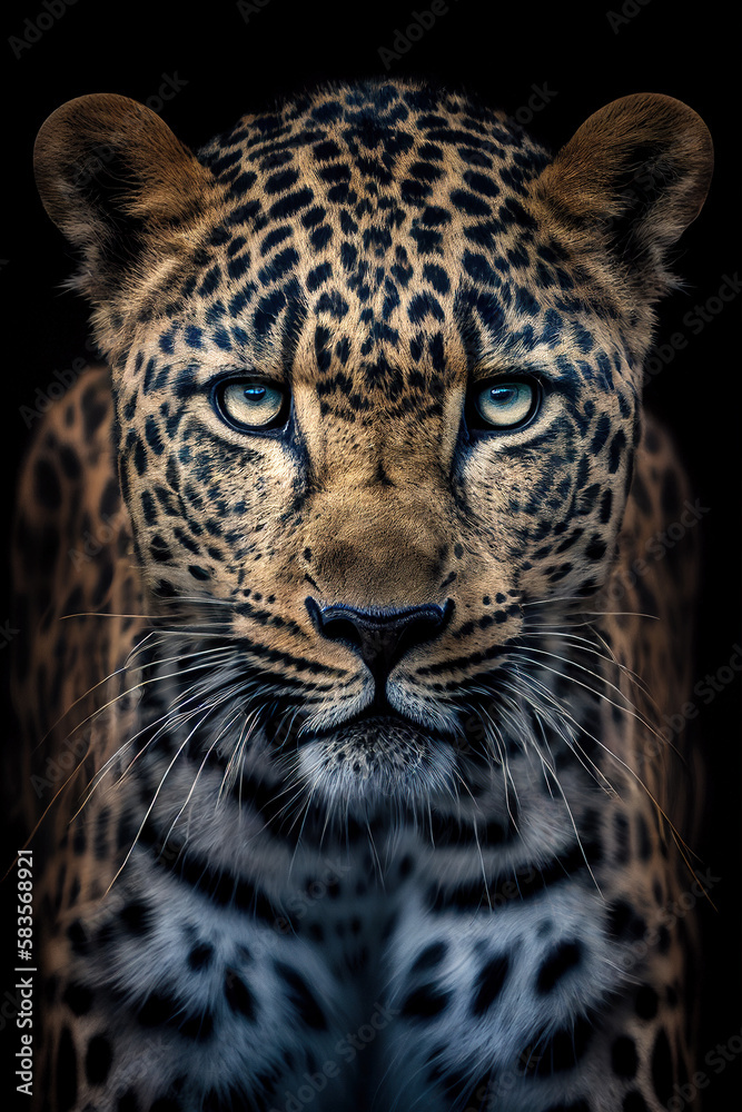 Front view portrait of a leopard on black background, Africa wildlife Front view portrait of a leopard on black background, Africa wildlife