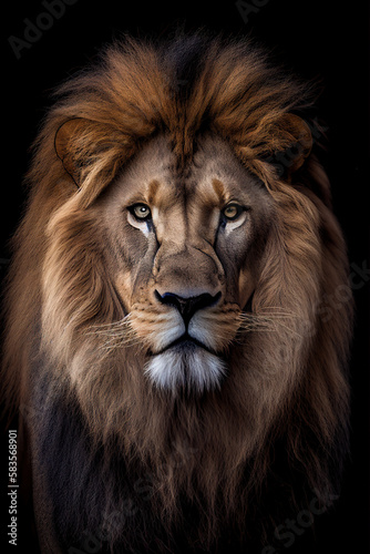 Front view portrait of a lion on black background, Africa wildlife