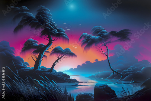 Surrealistic landscape, 80s airbrush style, dream illustration, 
 Generative AI	 photo