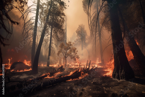 Forest fire, flames and smoke among the trees. Generative AI