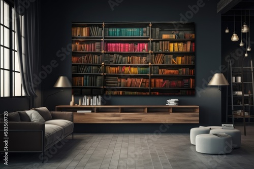 A giant horizontal poster in close up is shown on a dark wall of a living room that features colored drawers, a lamp, and book stacks. Generative AI