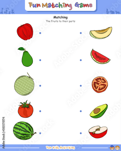 Fototapeta Naklejka Na Ścianę i Meble -  Fun Matching the correct slice of fruits for kids apple, avocado, muskmelon, tomato and watermelon